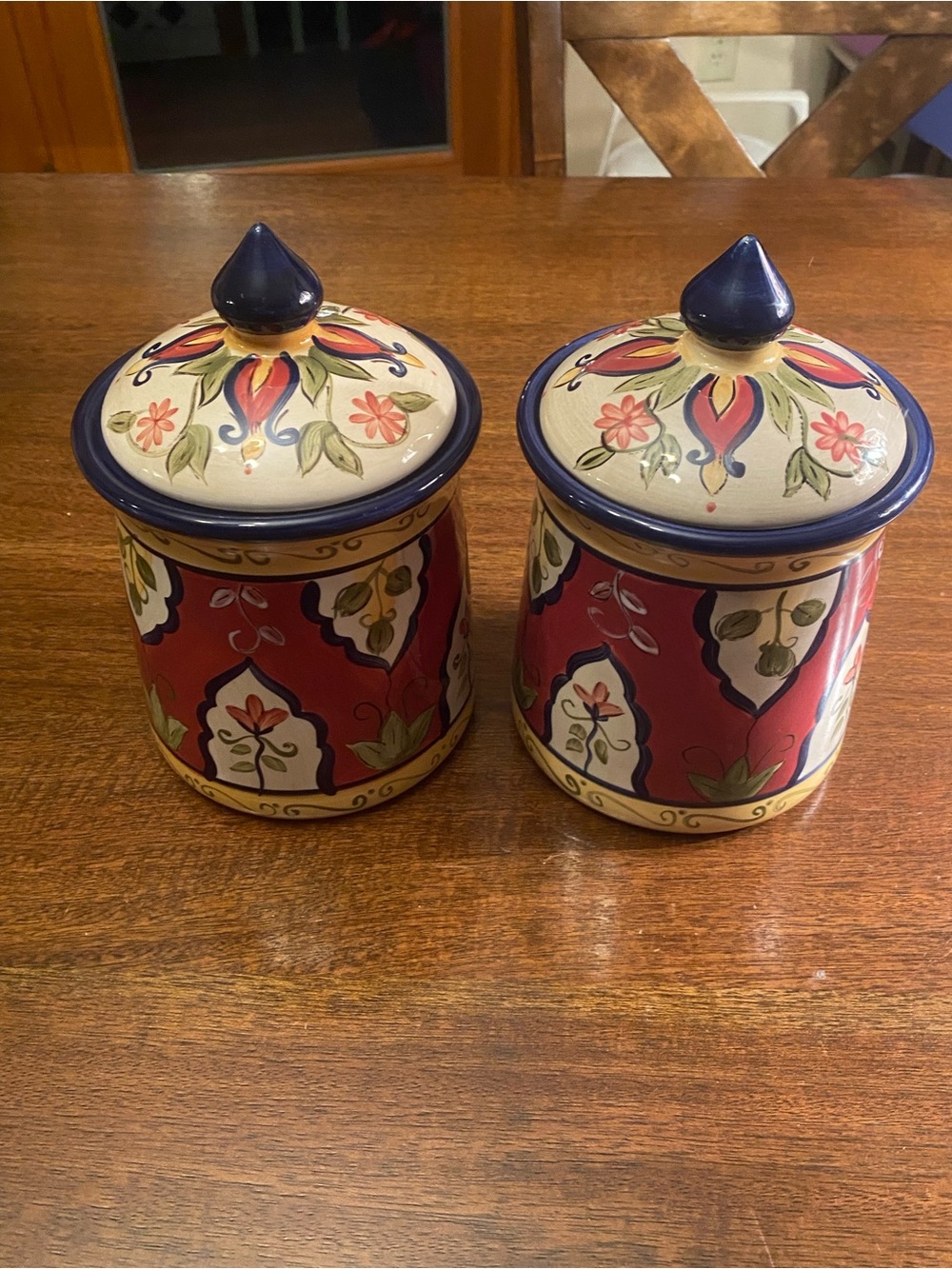 Set of 2 - Pier 1 Vallarta Handpainted Earthenware Floral Lidded Canisters EUC